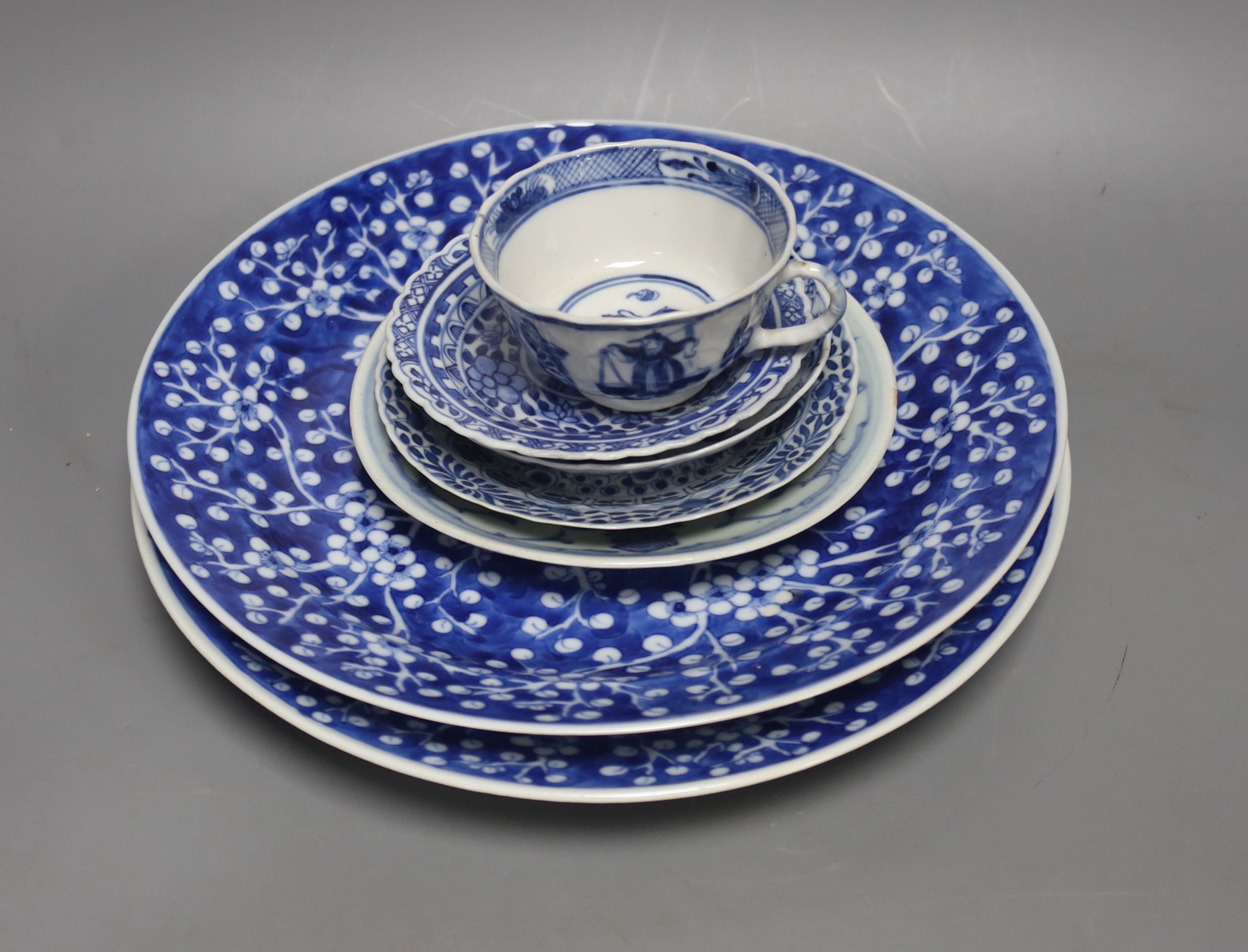 A group of 19th century Chinese blue and white plates, dishes and a cup